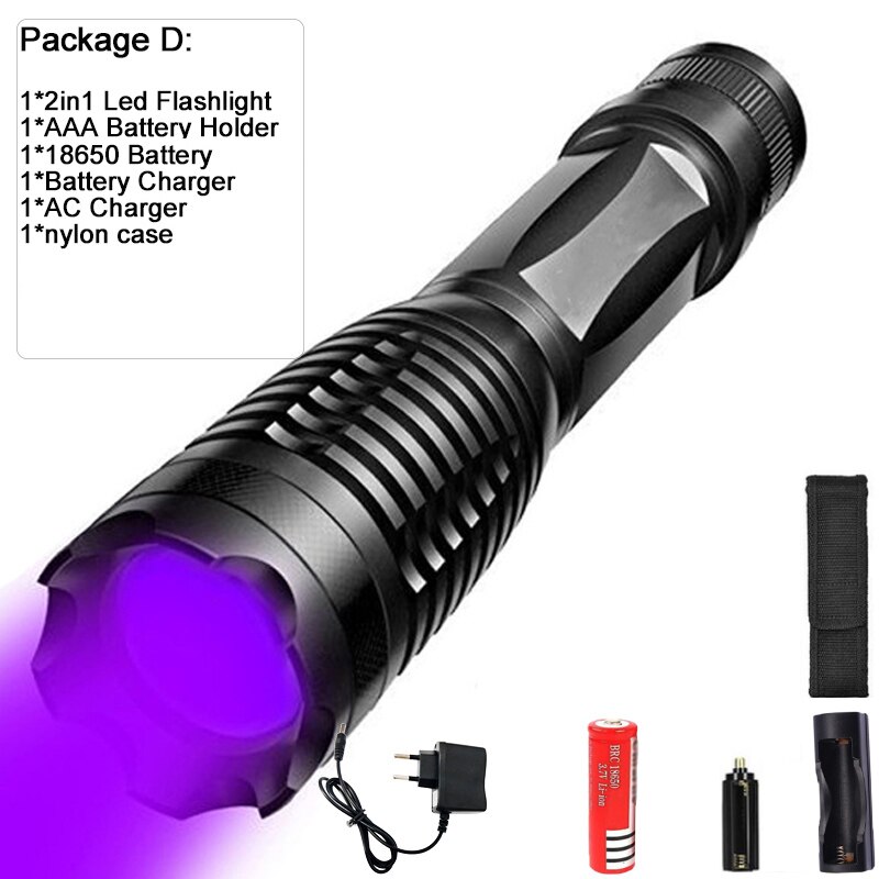 10000LM 2in1 UV + wit licht LED Zaklamp Zaklamp 395nm Ultraviolet Urine Detector voor camping Tapijt Huisdier Urine Vangen Schorpioenen: D