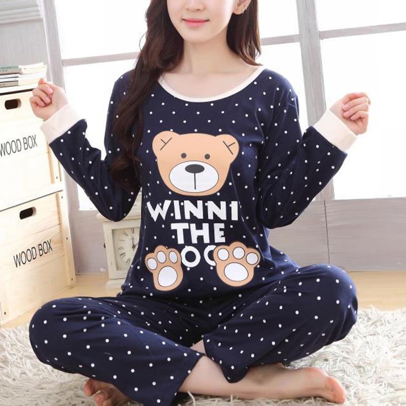 Pijamas cálidos de franela de Otoño Invierno para mujer conjuntos de ropa de dormir de manga larga suave con lindo patrón de oso