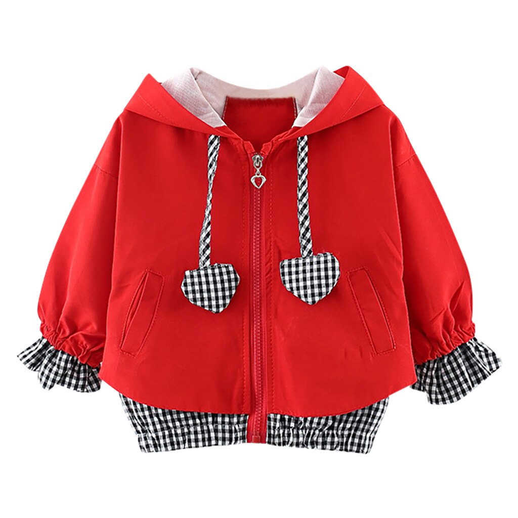 Baby Meisjes Liefde Print Jas Voor Peuter Baby Kids Meisjes Hart Plaid Hooded Winddicht Jas Uitloper Casual Kleding Veste Enfant: Red / 24M