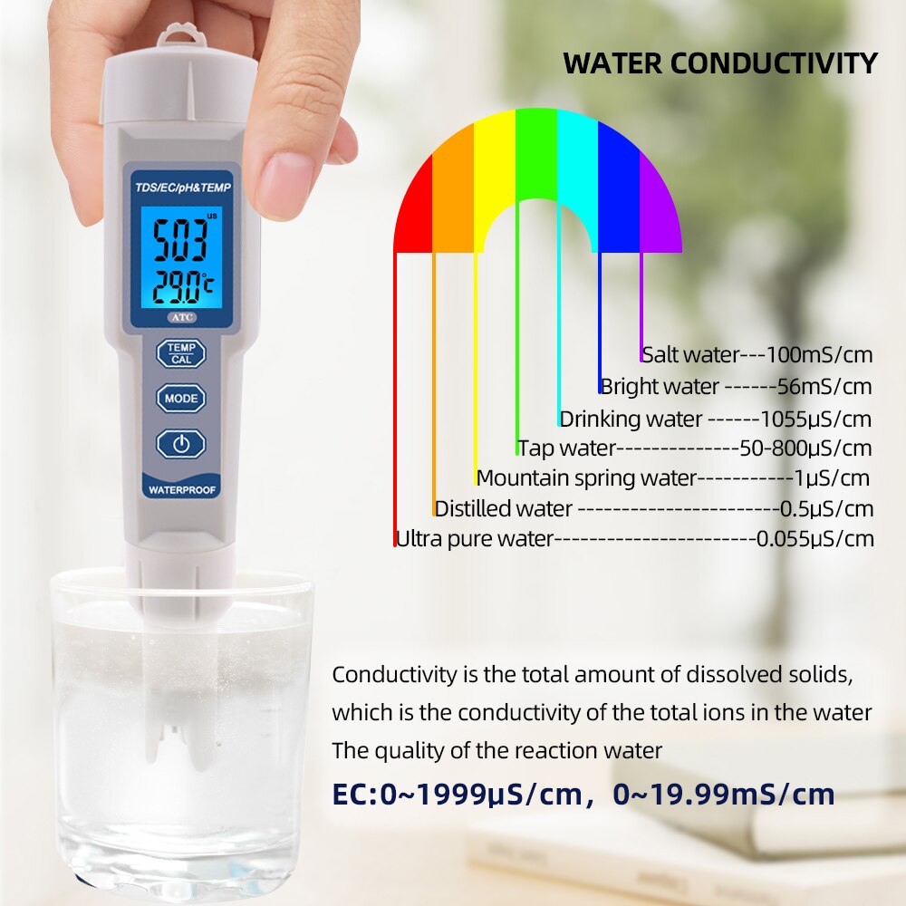 PH-3580 Digital PH Meter 4 in 1 PH/TDS/Temp/ EC Tester Conductivity Monitor Water Quantity Test Tool TDS Analyzer for Aquarium