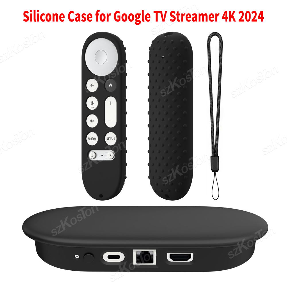Silikonowe etui ochronne ze smyczą do Google TV Streamer 4K 2024 Voice Remote Control Anti-Slipping Protection Cover Shell: Black