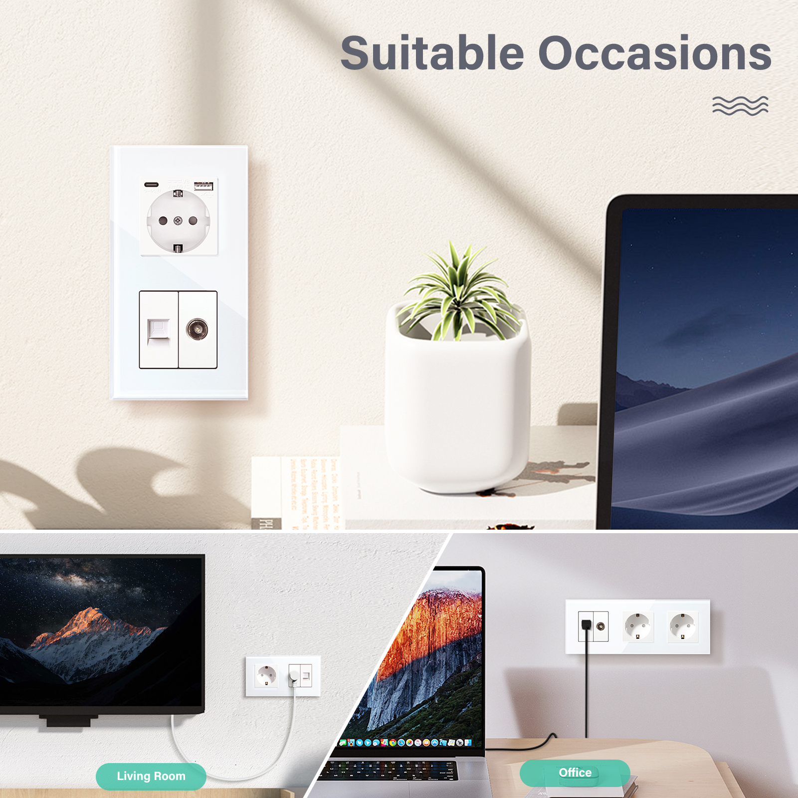 BSEED TV CAT5 With EU Socket Double Wall Sockets TV Internet RJ45 PC Connections Type-c USB Electric Sockets Glass Frame