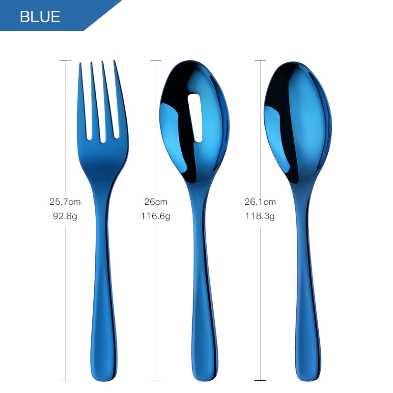 3Pcs/set 18/8 Stainless Steel Gold Flatware Big Size Long Handle Serving Salad Spoon/Fork/Colander Salad Set Kitchen Utensils: blue