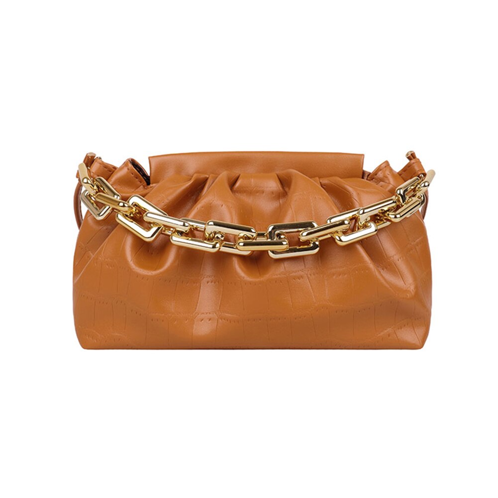 Sacs à main plissés en cuir PU pour femmes, sacs à bandoulière à motif de pierre rétro, sacoche à épaule couleur unie avec chaîne: Style A Brown