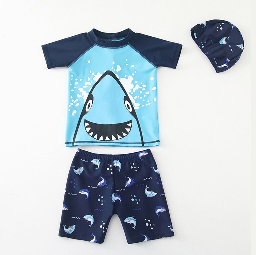 Ocean Shark Print Jongens Badpak Kinderen Badmode Badpak Voor Kinderen Jongens 3 Stuk Badpakken Shirts Broek Hoed Jongens badpak