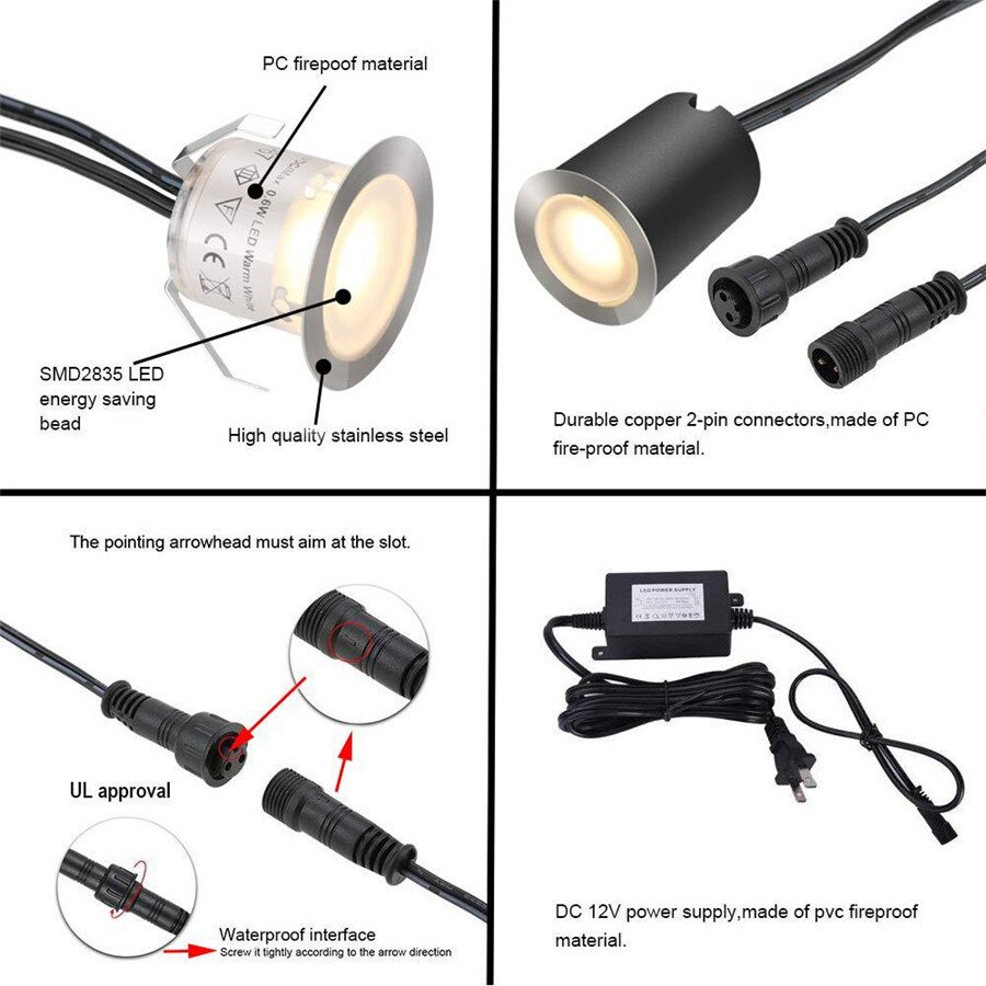 Recessed LED Deck Lights Kits 10/16 Pack Outdoor In Ground LED Deck Light Waterproof Low Voltage Landscape Step Stair Light