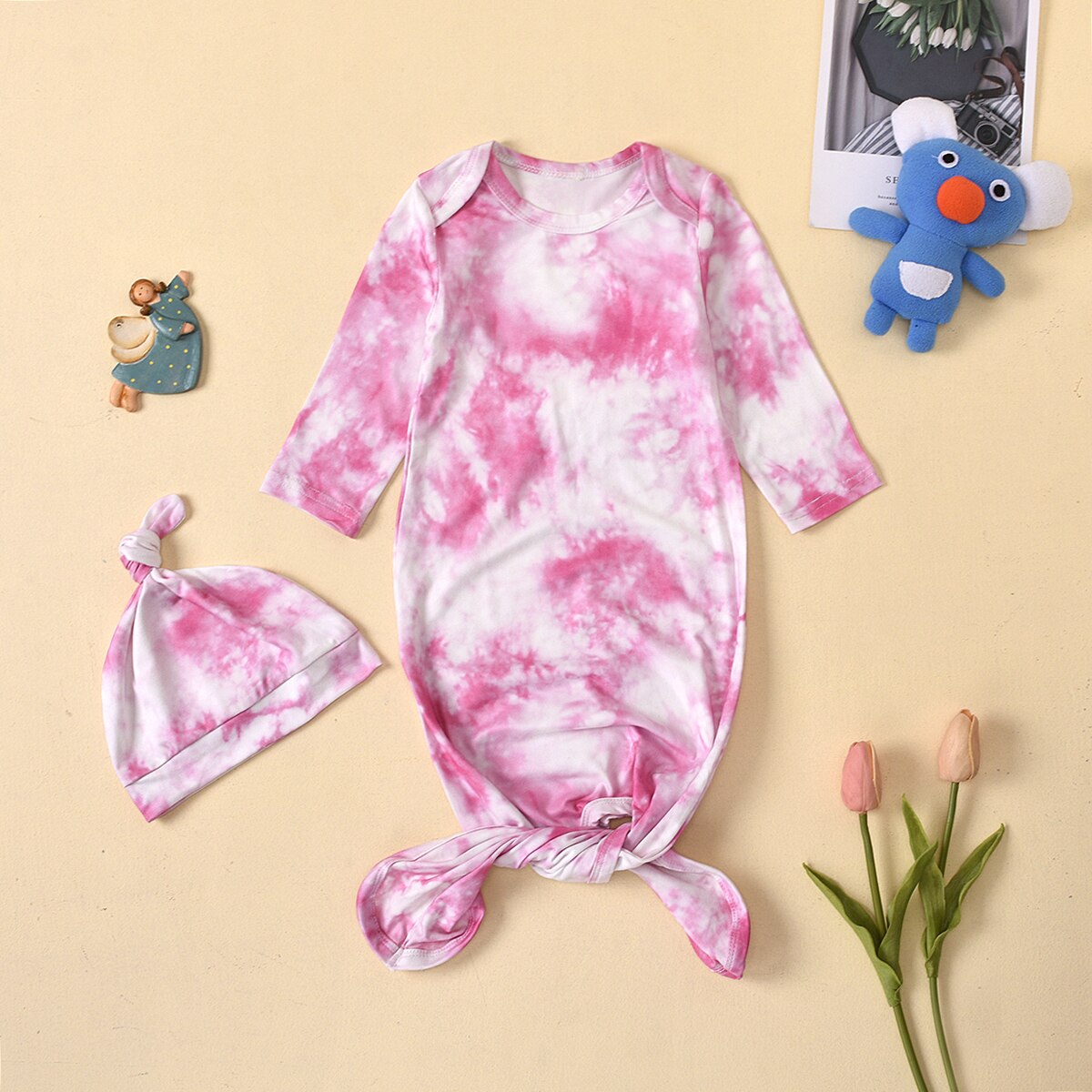 2 Stuks Set Kleine Baby Slaapzakken Inbakeren Deken Mousseline Wrap Tie Dye Print Katoen Lange-Mouwen Zak + hoed Voor Pasgeboren Jongens Meisjes