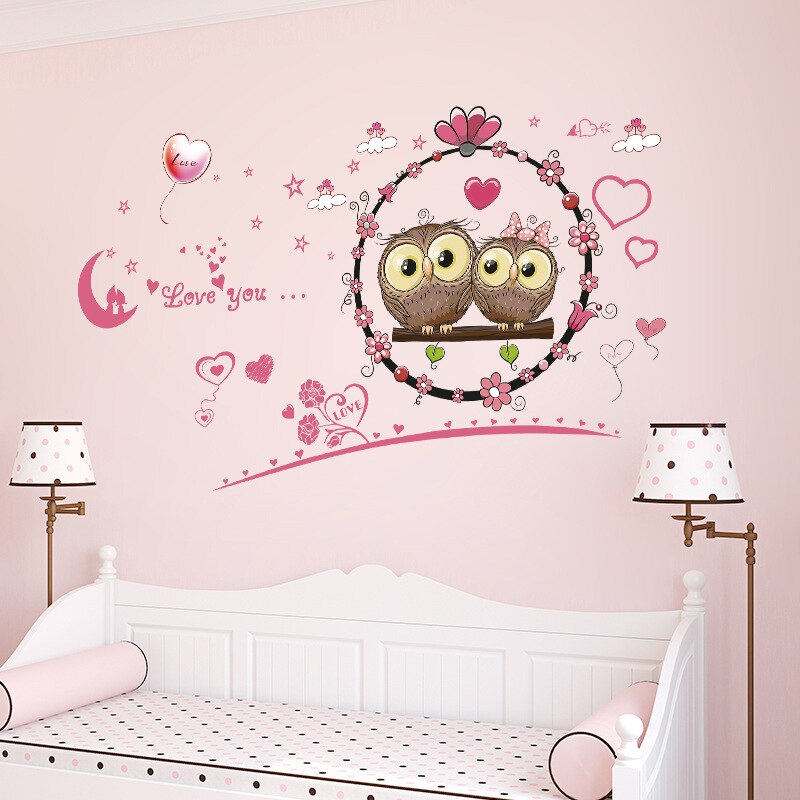 Cartoon Couple Owls Pink Hearts Wall Stickers for Living Room Bedroom Wall Decals Kids Room Decoration PVC removable Stickers