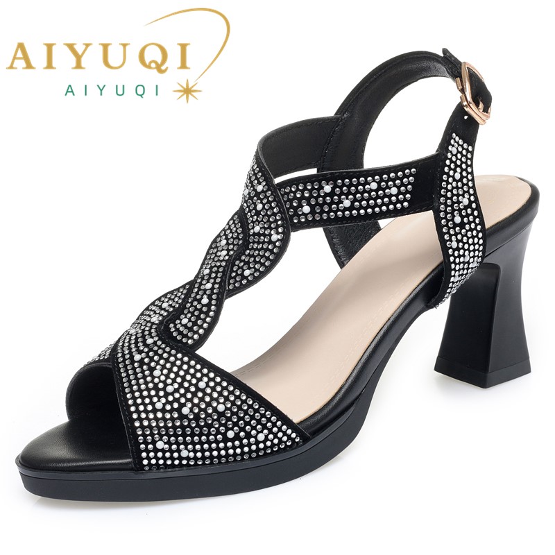 AIYUQI Sandals Women Summer Sandals Women Open Toe Rhinestone High Heels Roman Shoes Women