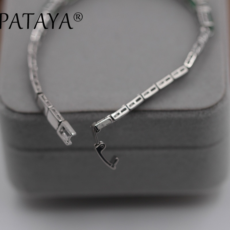 PATAYA Arrivals Single Row Green Square Natural Zircon Long Bracelets Women Wedding Jewelry True White Gold Link Bracelet 17