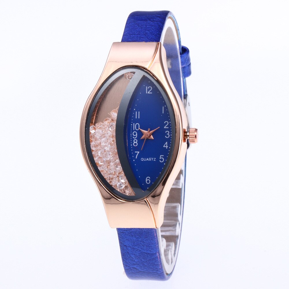 Unique Ladies Quartz Movement Watch Oval Half Moon Dial Half-side Rhinestone Ball Quicksand for Woman Leather Strap