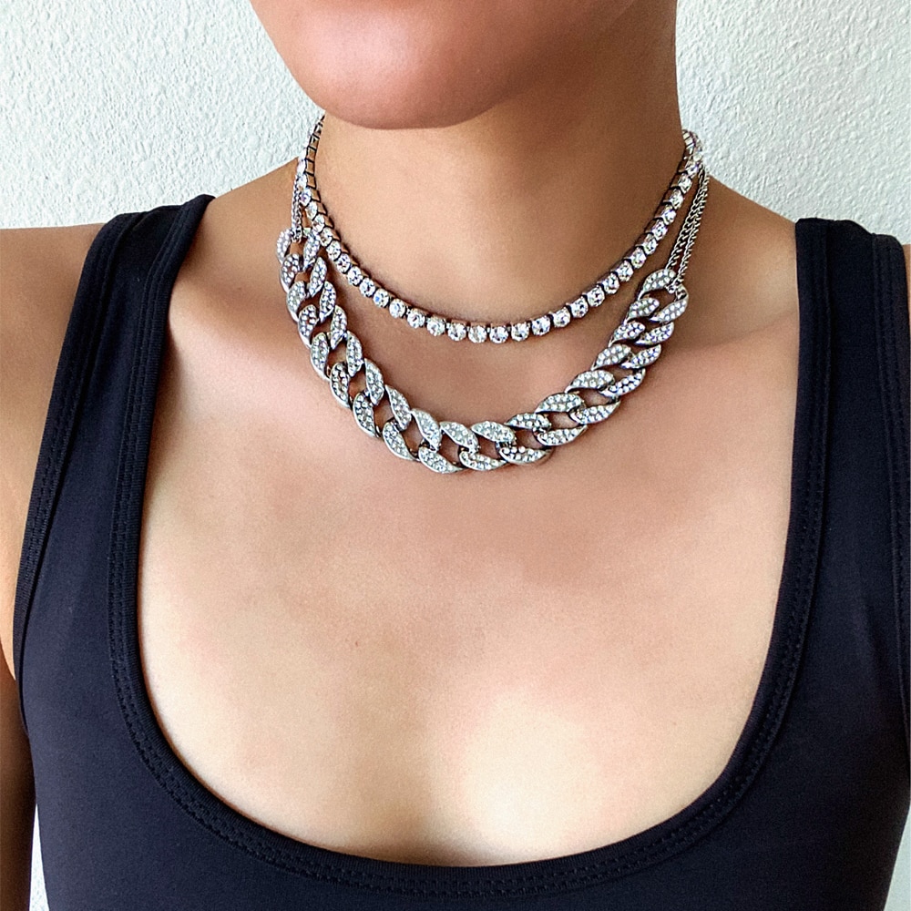 Cubansk link kæde iset ud rhinestone choker kvinder lagdelt halskæde sæt luksus chocker halskæder smykker tilbehør