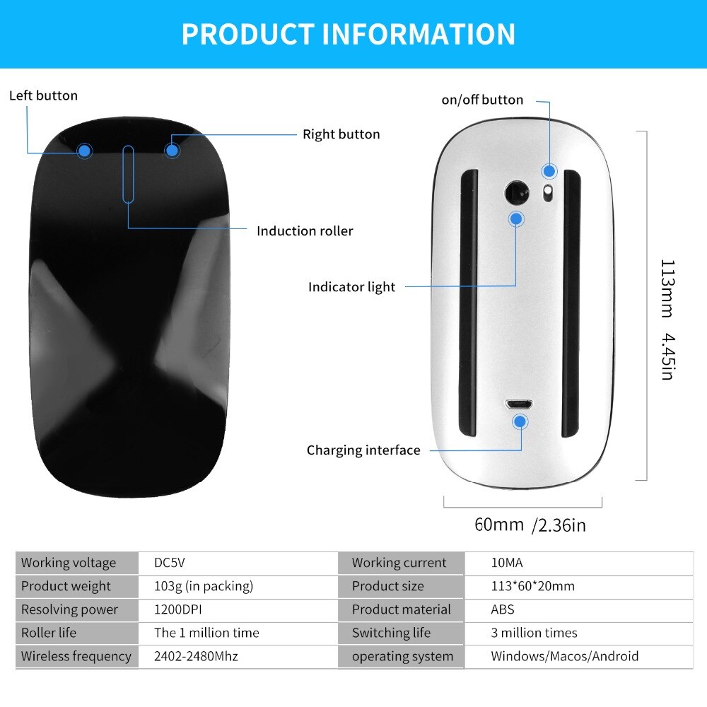 Bluetooth Wireless Arc Touch Magic Mouse Ergonomic Ultra Thin Rechargeable Mouse Optical 1600 DPI Mause For Apple Macbook Mice