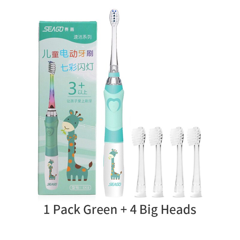 Seago-cepillo de dientes eléctrico para niños, linterna LED de colores, 16000 golpes, resistente al agua, alimentado por batería: Green 4bigheads