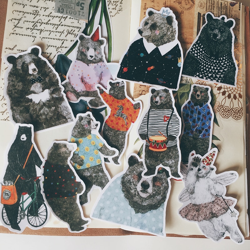 12Pcs/Pack Hand Draw Cute Bear Sticker DIY Craft Scrapbooking Album Junk Journal Happy Planner Decorative Stickers