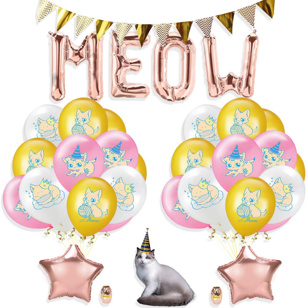 27 stk/sett katt bursdagsfest forsyninger mjau brev ballonger katt bursdag banner banner kjæledyr katt tema tema fest dekorasjoner: Stil 2