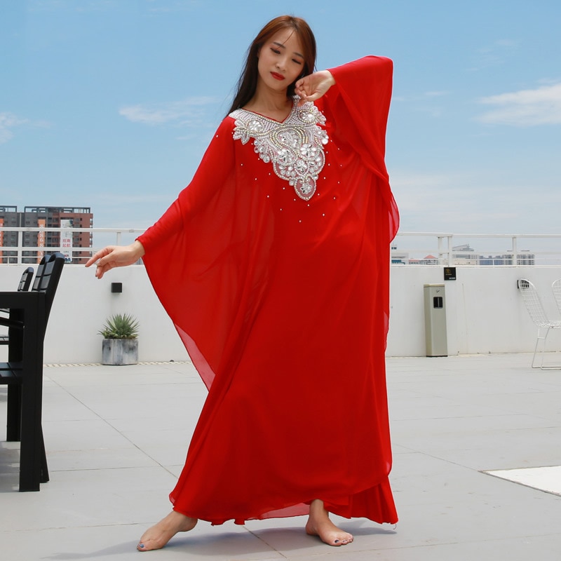 Ropa de baile para mujer ropa de danza del vientre vestido caftán con lentejuelas de gasa tradicional Khaleeji Thobe vestidos