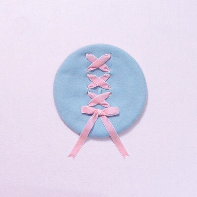 Naiset suloiset söpöt baretit naisten hatut pehmeä macaron väri nauha villainen lolita baretti vintage pehmeät olkaimet ristijousi tyttöjen baretit: Taivaansininen