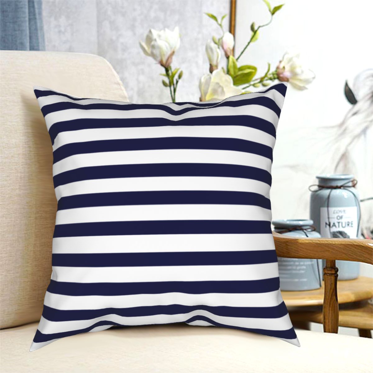 Navy Blauwe Streep Kussensloop Afdrukken Polyester Kussenhoes Decoratieve Kussen Case Cover Home 18&quot;