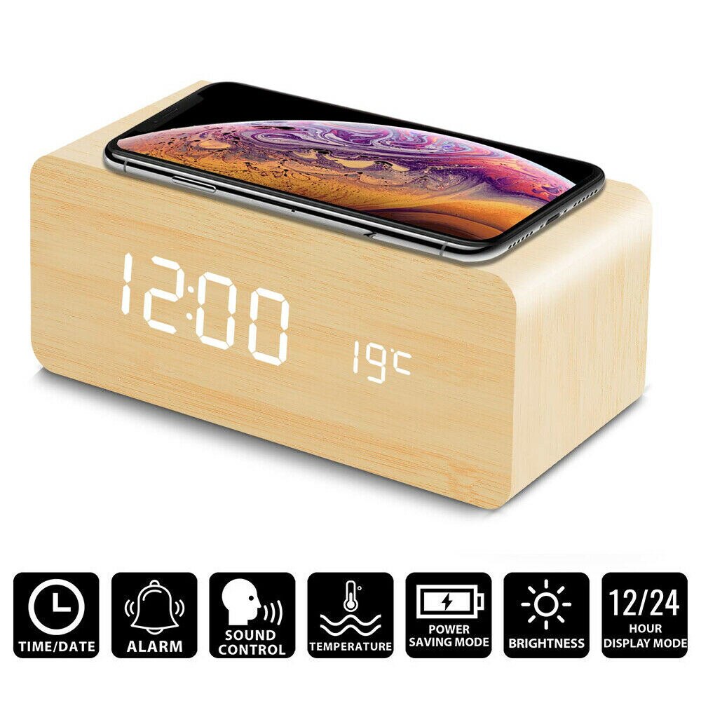 Modern Wooden Wood Digital LED Desk Alarm Clock Thermometer Wireless Charger: Bamboo