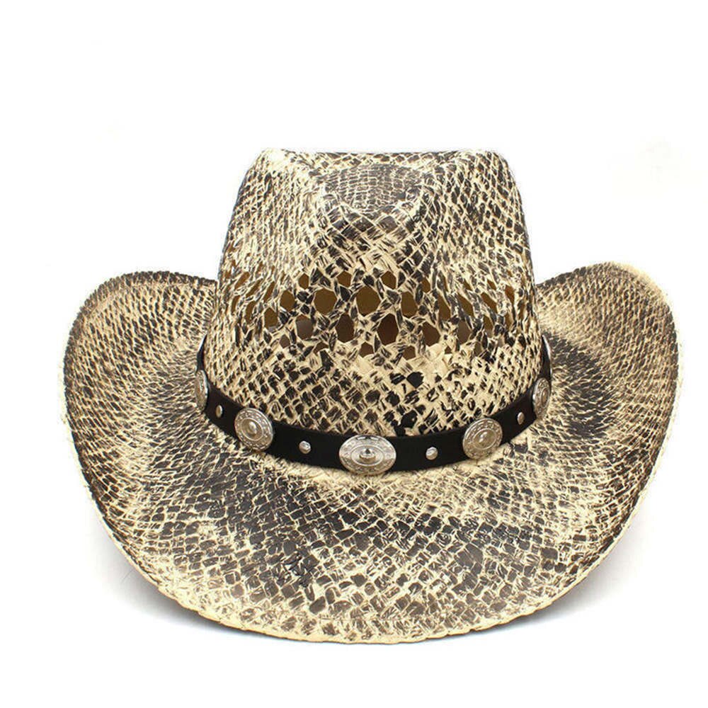 100% Straw Men Western Cowboy Hat Handmade Weave Dad Sombrero Hombre Cowgirl Jazz Caps Punk Belt Band Size 56-58CM: C2 CAH