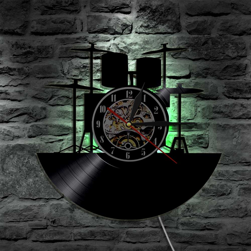1 stück Trommel Bausatz Vinyl Uhr Wanduhr Drumkit LED Licht Felsen N rollen Jahrgang Moderne Wohnkultur Handgemachtes für Musik Liebhaber