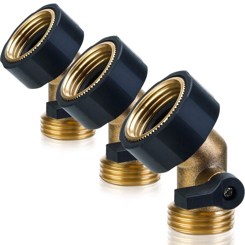 3 Pack Heavy Duty Brass Shut Off Valve 3/4 Inch Garden Hose Connector for Garden Hose and Water Faucet (Elbow)
