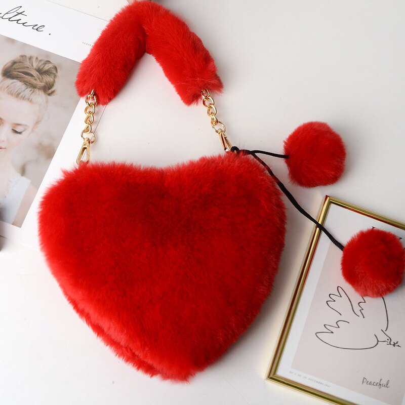 Pluche Hartvormige Winter Vrouwelijke Schattige Clutch Portemonnee Liefde Handtas Modeketen Pluche Tas Tas Voor Vrouw: 2