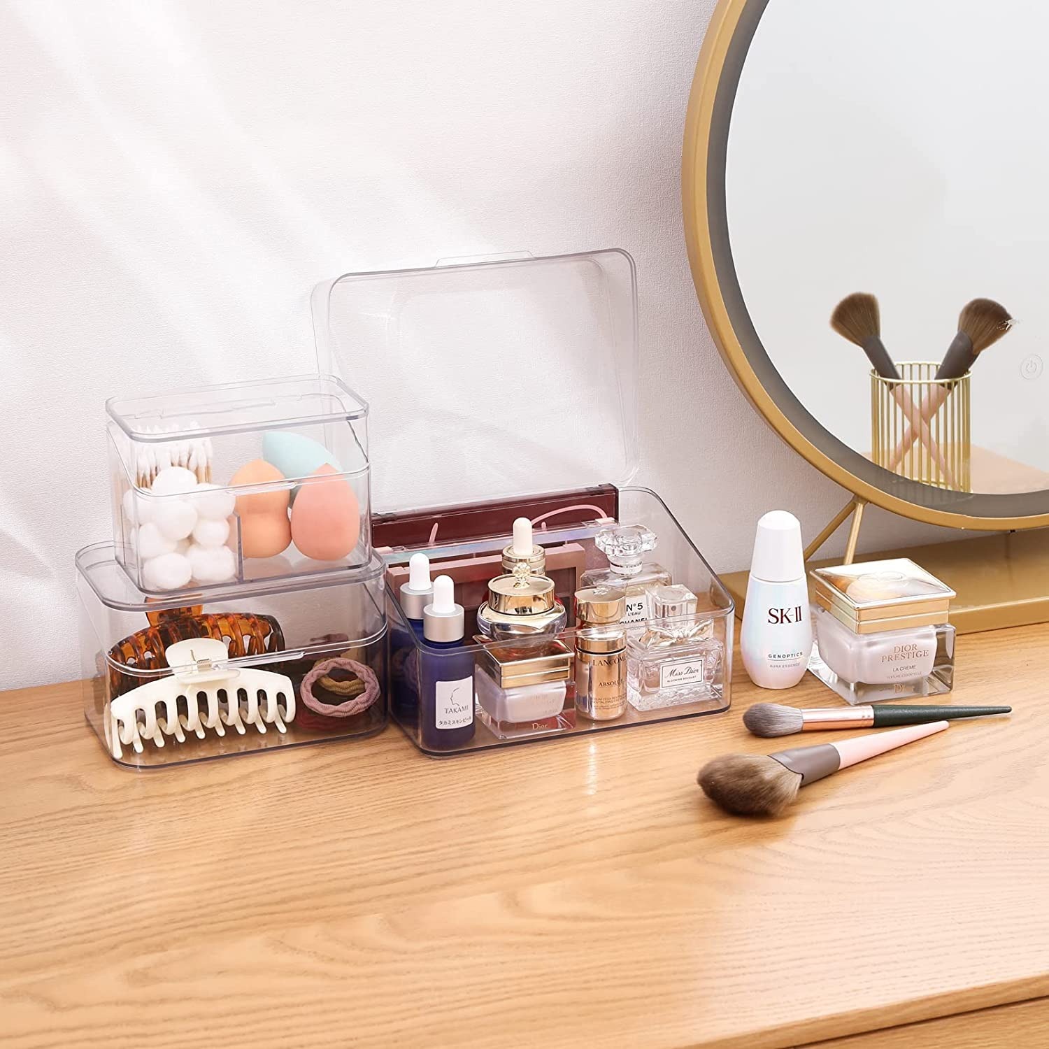 Caja de almacenamiento para baño, organizador de maquillaje de escritorio transparente con tapa, evita el polvo, adecuado para cosméticos, artículos de tocador, producto sanitario