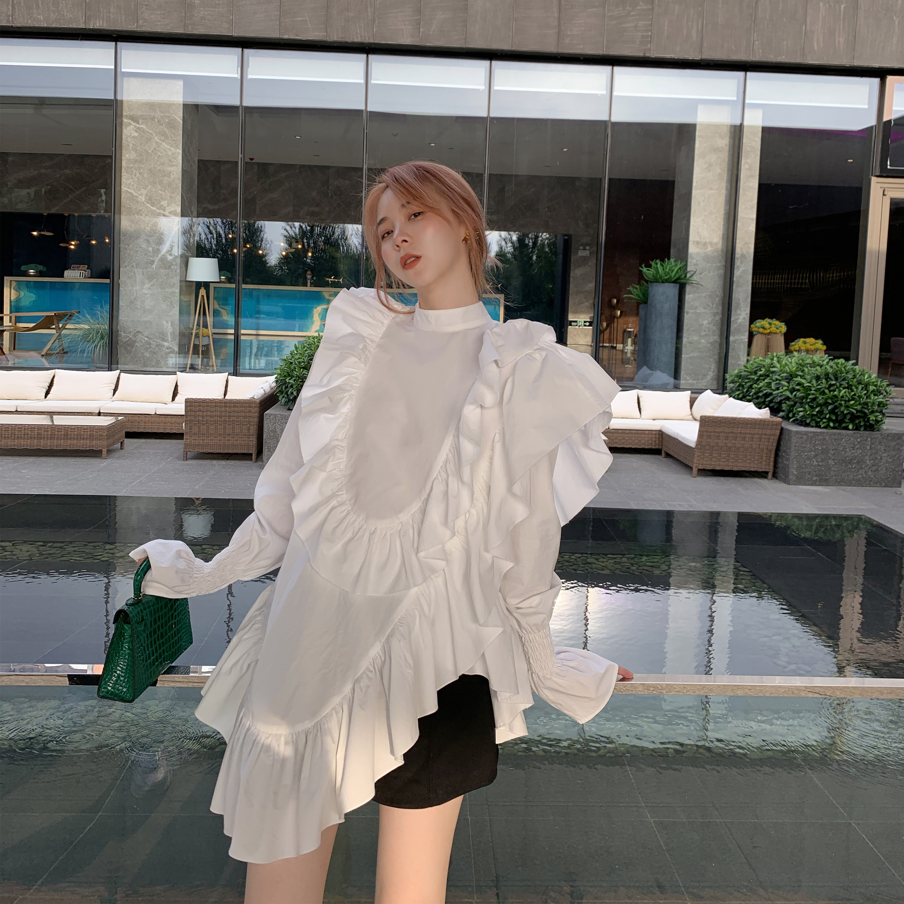 XITAO-chemisier à manches longues femme, vêtement minoritaire blanc, ample, grande taille, à manches évasées DZL1934: M