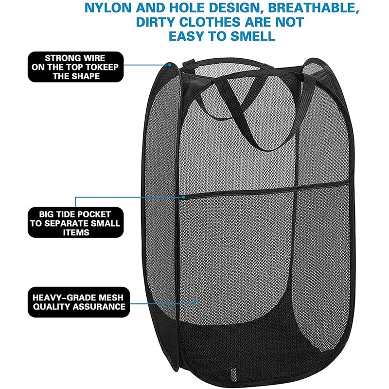 Folding Laundry Basket Mesh, Foldable Laundry Hamper, Portable Mesh Washing Laundry Basket Bag for Home Kids