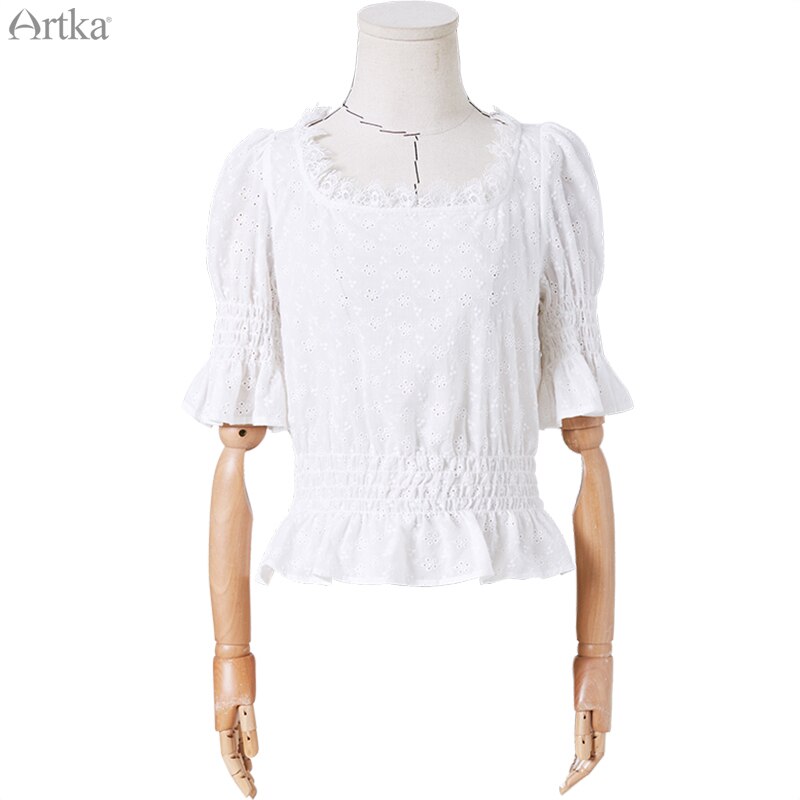 NOVEDAD DE VERANO , ARTKA, blusa para mujer, camisa con cuello cuadrado Vintage francés, blusa blanca ahuecada de algodón puro SA25200X