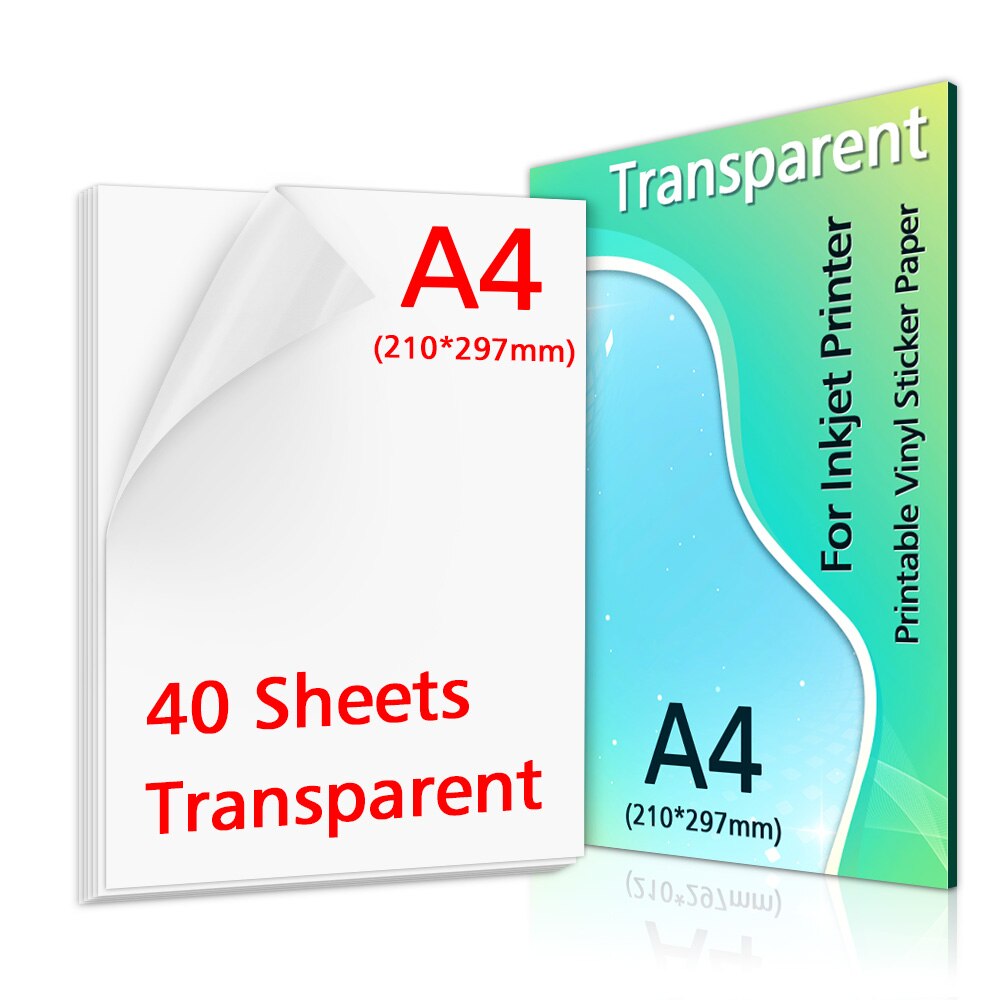 10/20/30/40/50/100 Sheets Transparant Printable Vinyl Sticker Papier A4 Waterdichte Zelfklevende kopieerpapier Voor Inkjet Printer: 40-Transparent