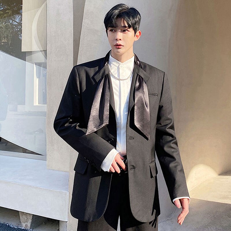 Chaqueta de seda para hombre, traje informal holgado con cuello de corbata, Vintage, ropa de calle, Chaqueta de vestir, abrigo Harajuku