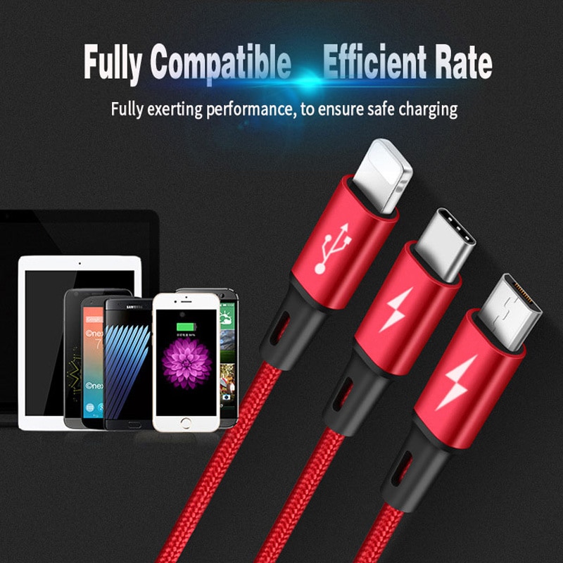 Nohon 3 in 1 8 pin type c micro nylon usb kabel til iphone 8 x 7 6 6s plus ios 10 9 8 samsung nokia usb hurtigopladning kabler ledning
