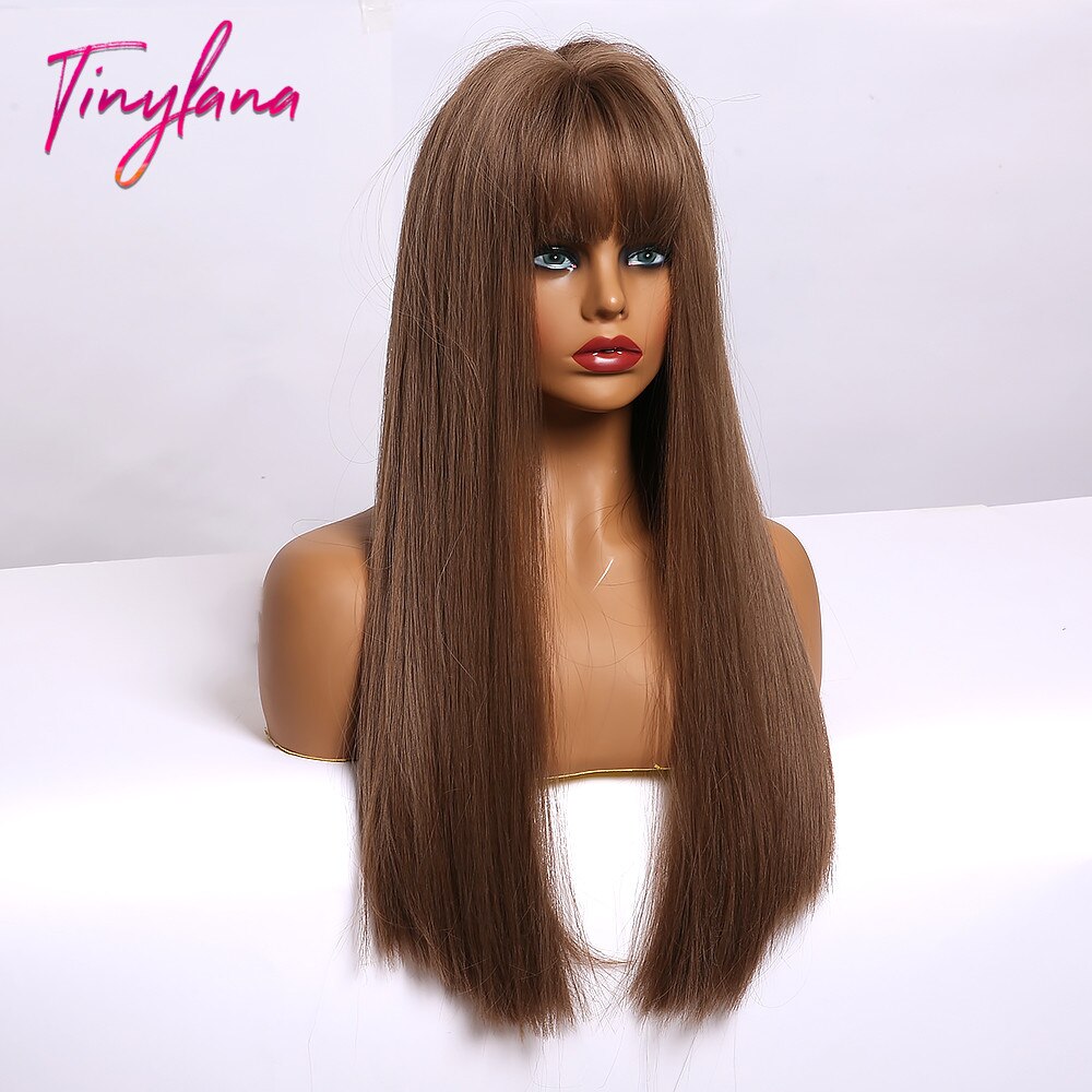 sehr klein LANA Synthetische Haar Perücken mit Pony Lange Gerade Dunkelbraun Perücken für Frauen afro Hohe Temperatur Faser Cosplay Partei perücken