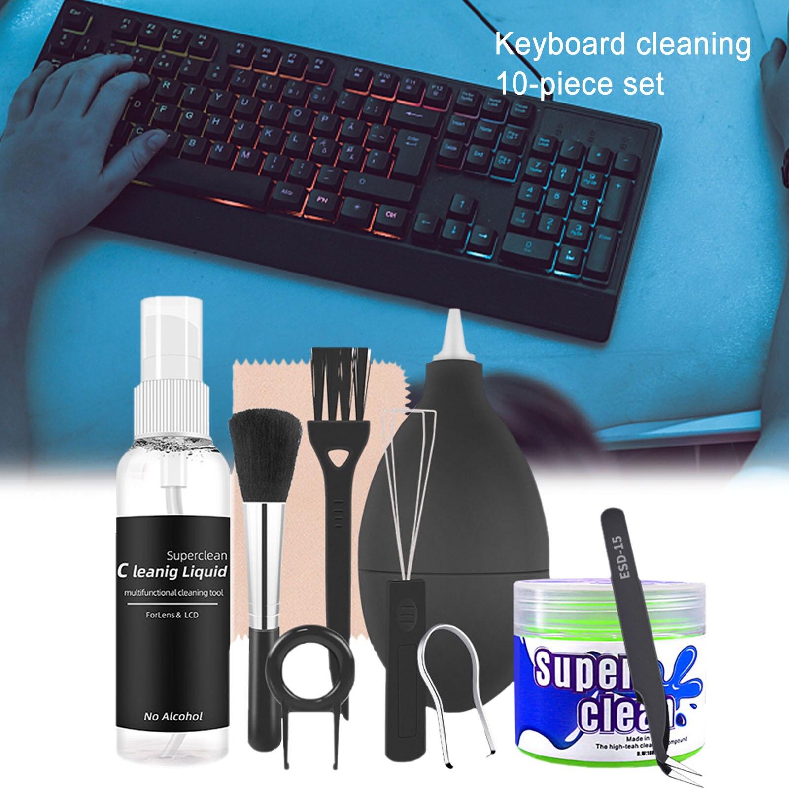 50ML 10PCS Cleaning Liquid Set Mechanical Keyboard Cleaning Kit Computer Cleaning Notebook Cleaning Tool Disassembly Key Puller