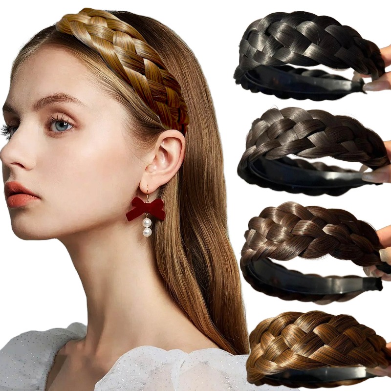 Diademas trenzadas torcidas para mujer, 4,5 cm de ancho, peluca sintética ancha a la , diademas elásticas ajustables, postizos de peinado bohemio