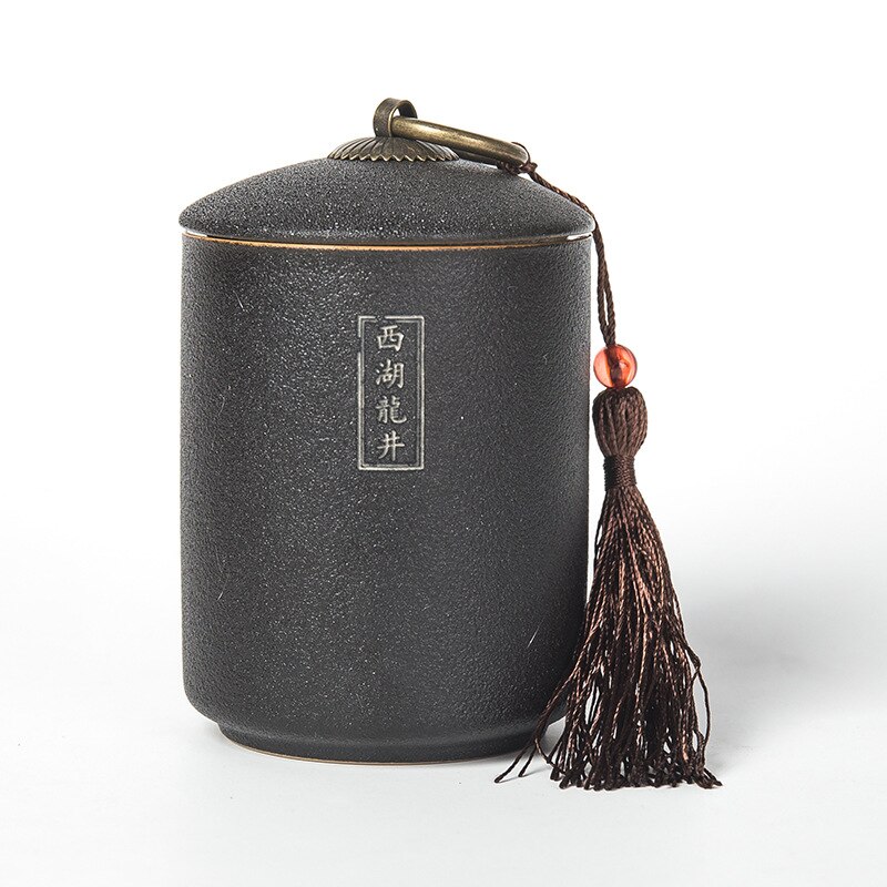 Black Pottery Tea Caddy Ceramic Sealed Storage Tank Plain Tea Canister Spice Jars Coffee Storage Box Kitchen Container: xihulongjing