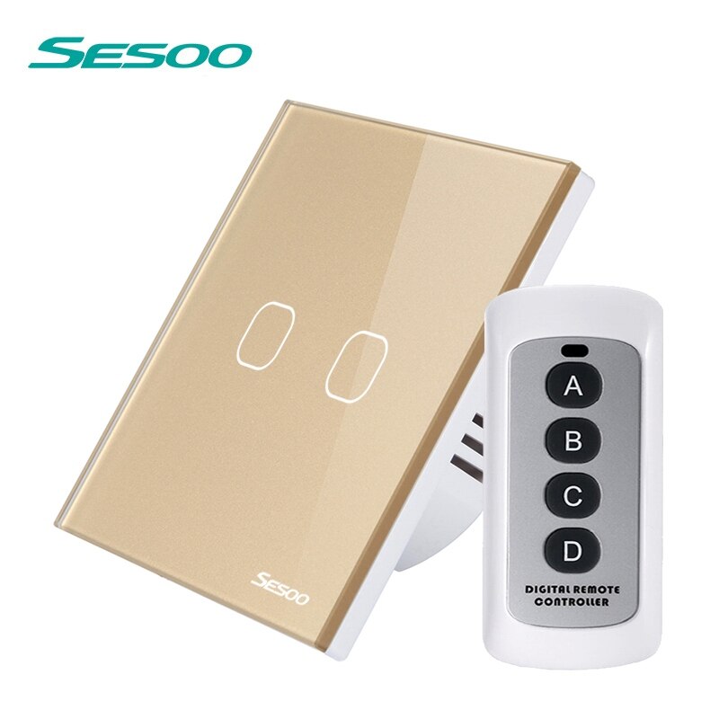 SESOO Smart Touch Switch 2 Gang 1 Way SY2-02 Remote Control Switches Waterproof Glass Panel Sensitive Touch Wall Switch: SY2-02-RFL Gold