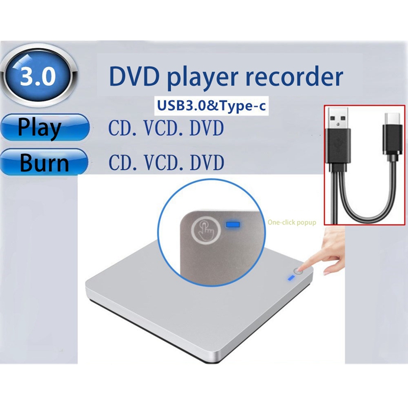 -USB External CD/DVD Drive Type C 3.1 Portable Ultra-Thin Drive-Free CD Movies Players for Laptop PC Windows Mac