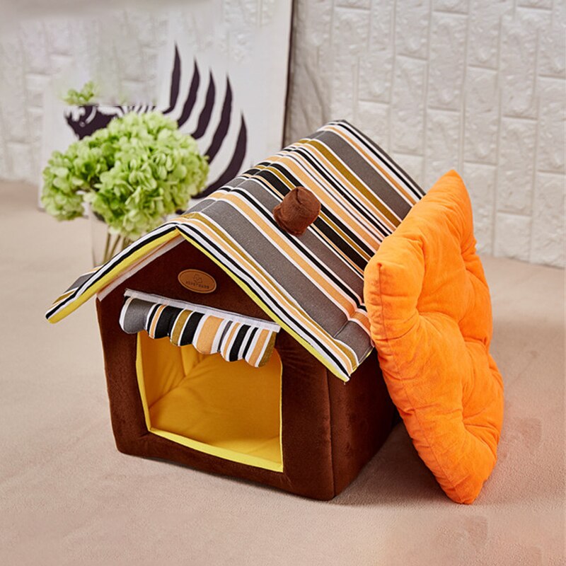 Huisdierbed in bruine stijl, huis voor honden, slaapbank, verwijderbaar kussen, huisdierbedden, honden, puppybedden, opvouwbare mat voor hondenhok