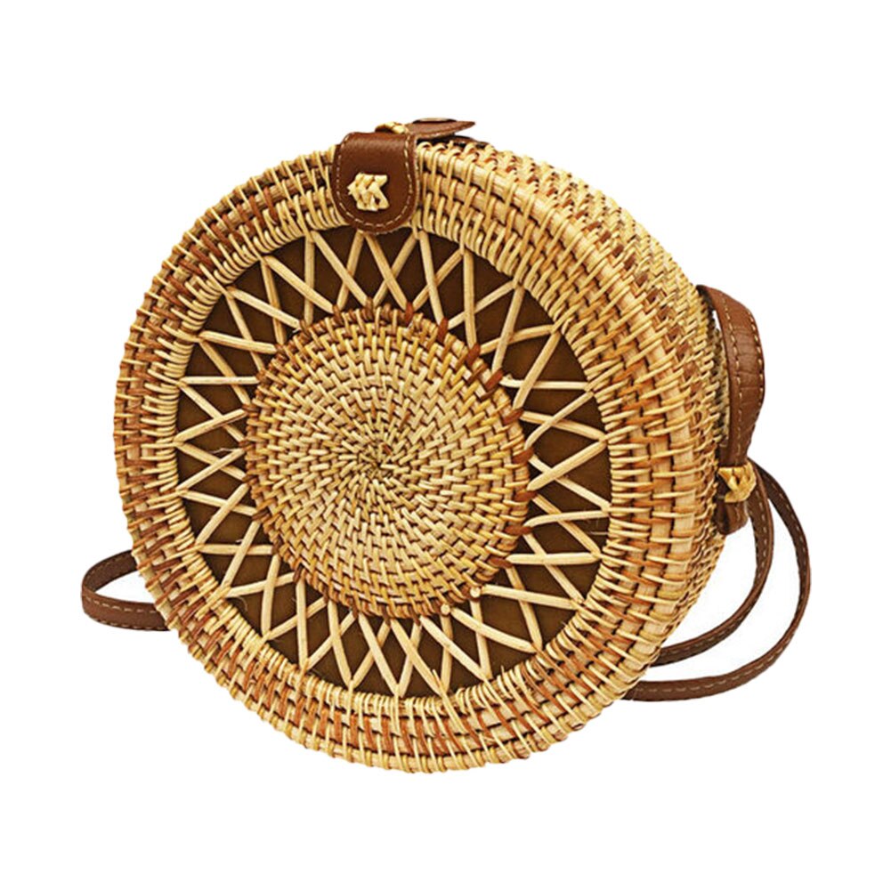 Bolso de mimbre tejido a mano, bolso de mimbre redondo para mujer, bolso de paja de diagonal, mochila de picnic para vacaciones en la playa: 02