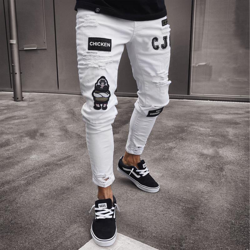 Heren Skinny Ripped Jeans Grid Bedelaar Patches Slim Fit Stretch Casual Denim Potlood Broek Schilderen Jogging Broek: D807 White / S