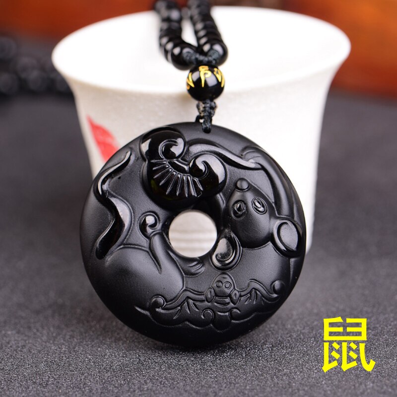 Chinese Zodiac Obsidian Dragon Tiger Pendant Necklace Charm Jewellery Accessories Hand-Carved Man Lucky Amulet: Mouse