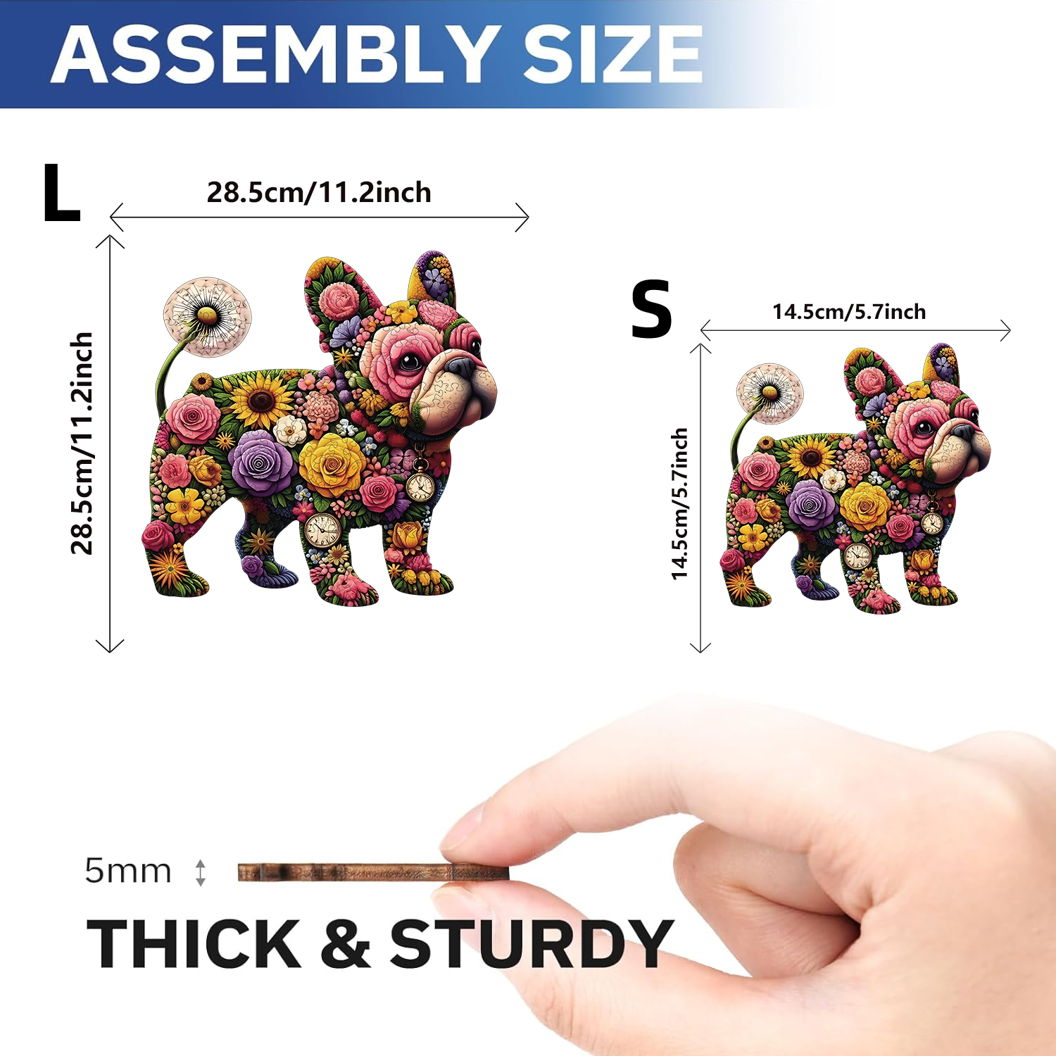 Puzzle in legno per adulti, puzzle colorati con bulldog e fiori, un regalo speciale per amici e familiari, arte moderna per la casa.