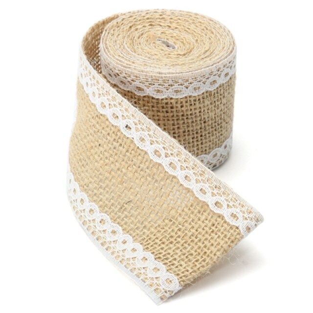 2Pcs 5Cm X 200Cm Natuurlijke Jute Jute Roll Wit Kant Hessische Trim Tafelloper Bands Rusticity Bruiloft decor Diy Craft: 2 / 2pc