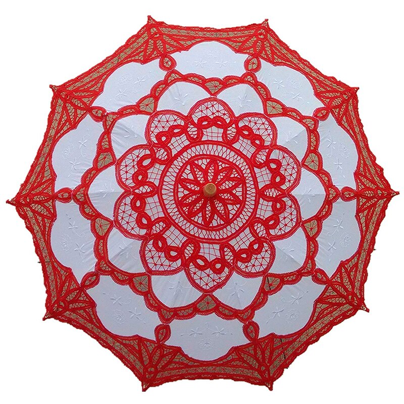 Kant Bruids Paraplu Parasol Zwart Rood Wit Katoen Zonnescherm Voor Bruid Houten Handvat Bruiloft Decoratie Paraplu