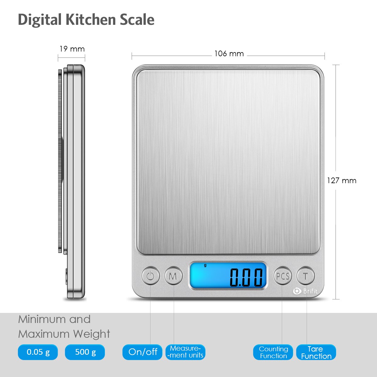 Oria balança digital de cozinha, mini balança de bolso para joias, portátil, display lcd, 500g/ 0.01g