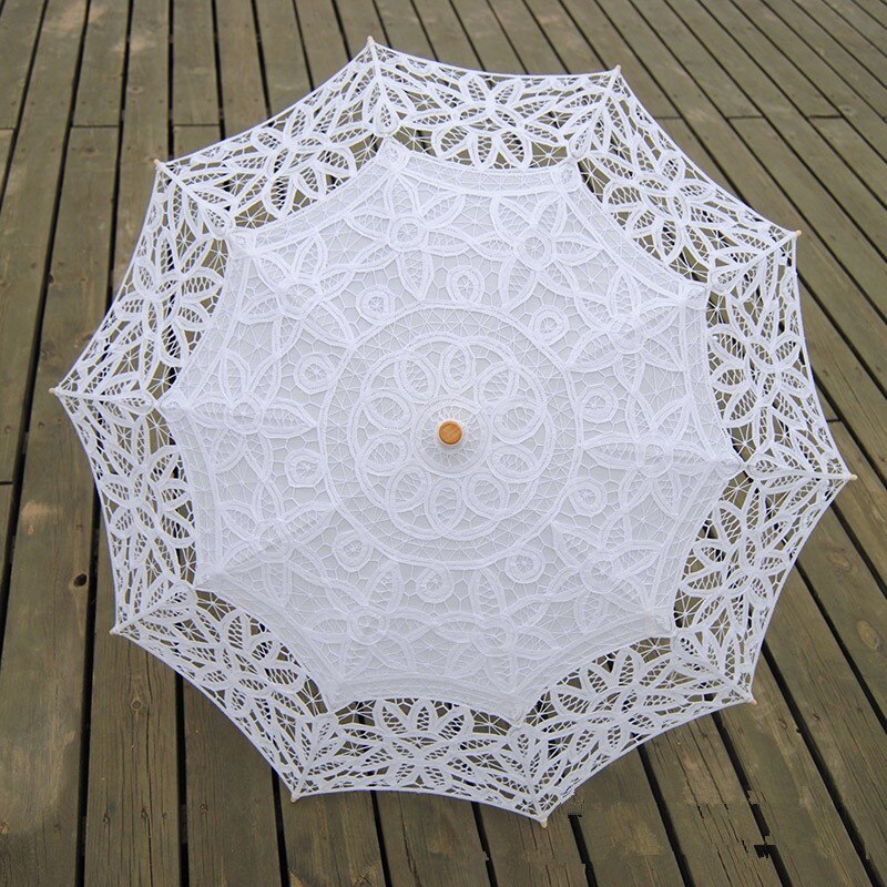 Handgemachte Stickerei Spitze Sonnenschirm Regenschirm Frauen Hochzeit Braut Foto Weiß Baumwolle Holz Griff Dekoration Regenschirm